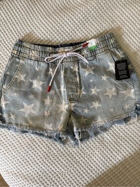 Star-Print Light Blue Denim Shorts with Drawstring Waist